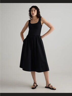 Quince Black Sleeveless Scoop-Neck Midi Dress- cotton mixed media tank dress